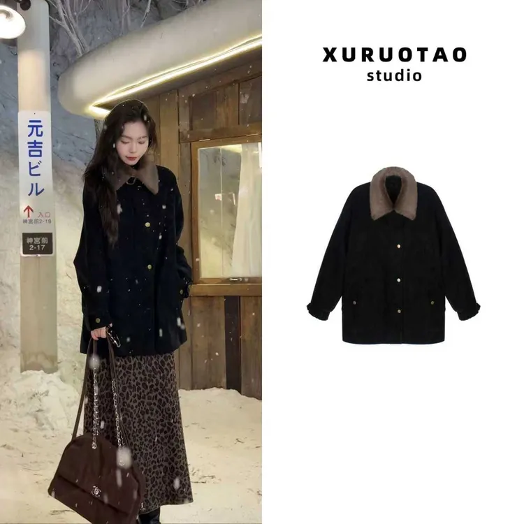 XURUOTAO 【富士山】PU皮可拆卸毛领时髦设计显瘦黑色外套 T5738