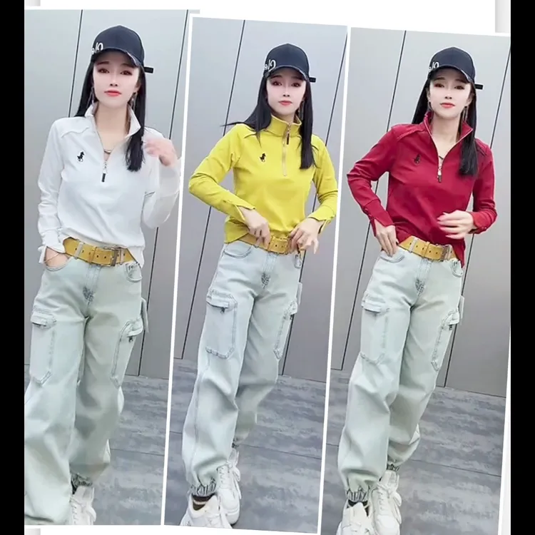 潮款小马logo半拉链立领长袖T恤套头常规款女士休闲百搭修身显瘦