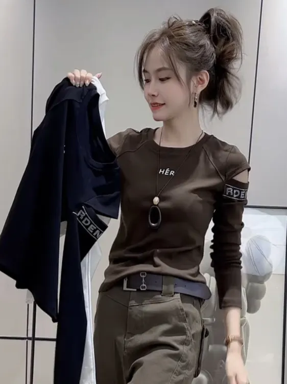 长袖极简风常规款街头风拼接T恤秋冬打底衫ins圆领秋季短款印花