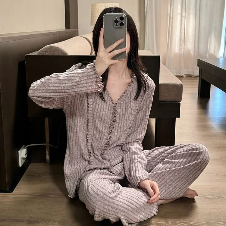 美拉德春秋季木耳边V领长袖慵懒风两件套睡衣女2025年新款家居服