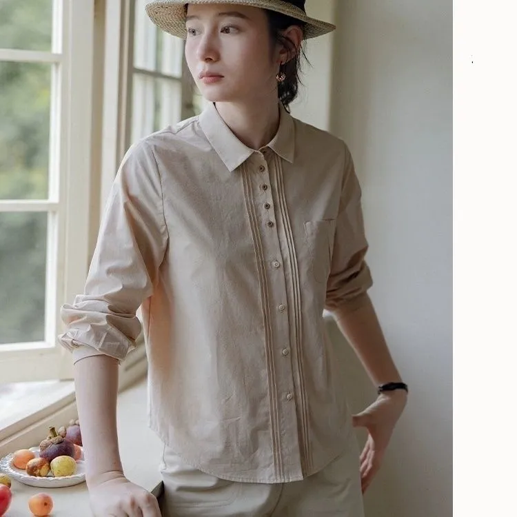 1808女士2025纯棉长袖衬衫春秋季宽松休闲设计感清新上衣