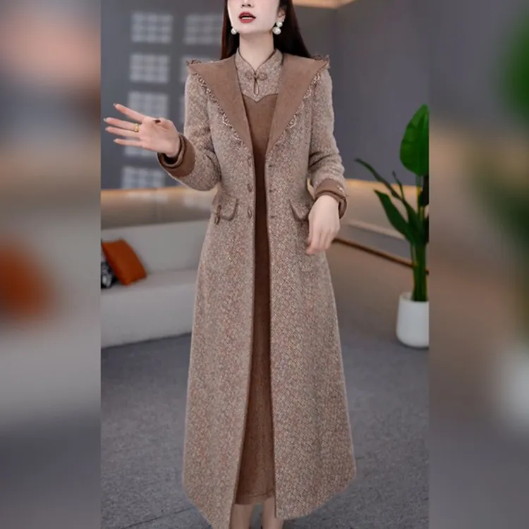 蓄热棉新中式刺绣中长款外套+连衣裙两件套2025秋冬新款时尚套装