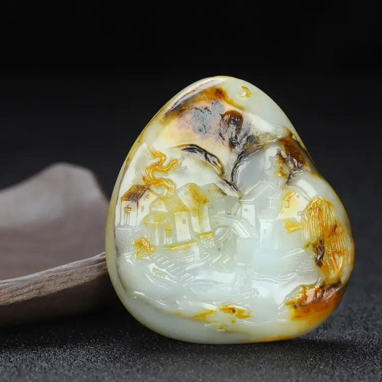 新疆和田玉诗意山水牌枫桥夜泊