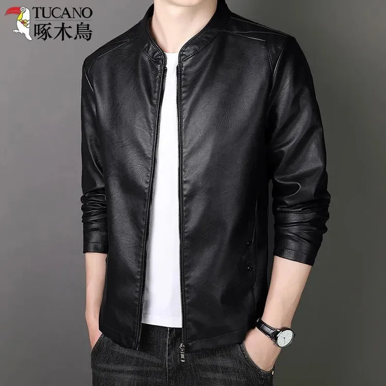 啄木鸟男士秋冬季潮流休闲皮衣夹克韩版帅气时尚加绒加厚修身外套