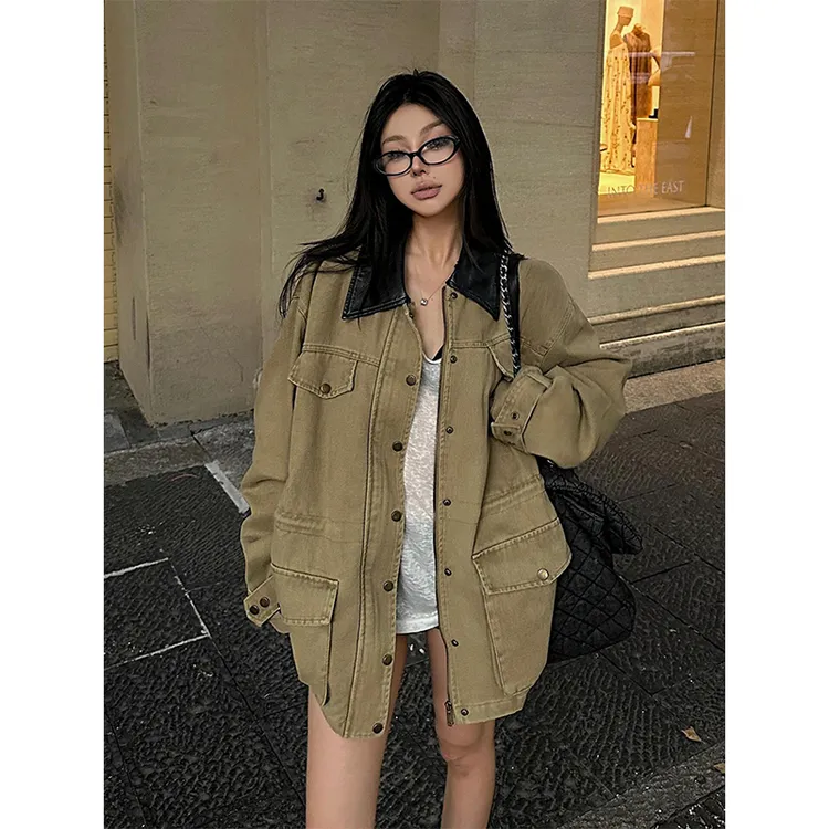 美式复古工装夹克外套女2025秋季新款巴恩风大口袋拼接皮领风衣潮