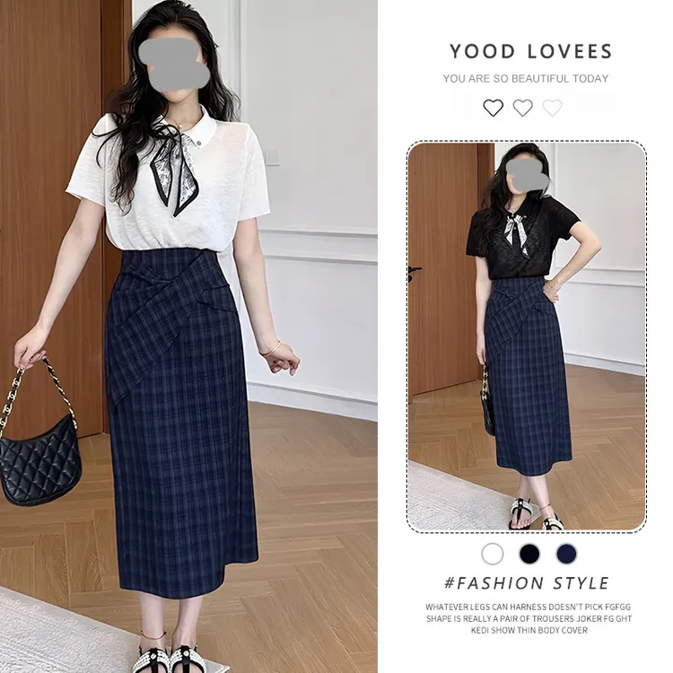 2025潮流小众设计感通勤简约衬衫藏青复古格子半裙休闲气质套装女