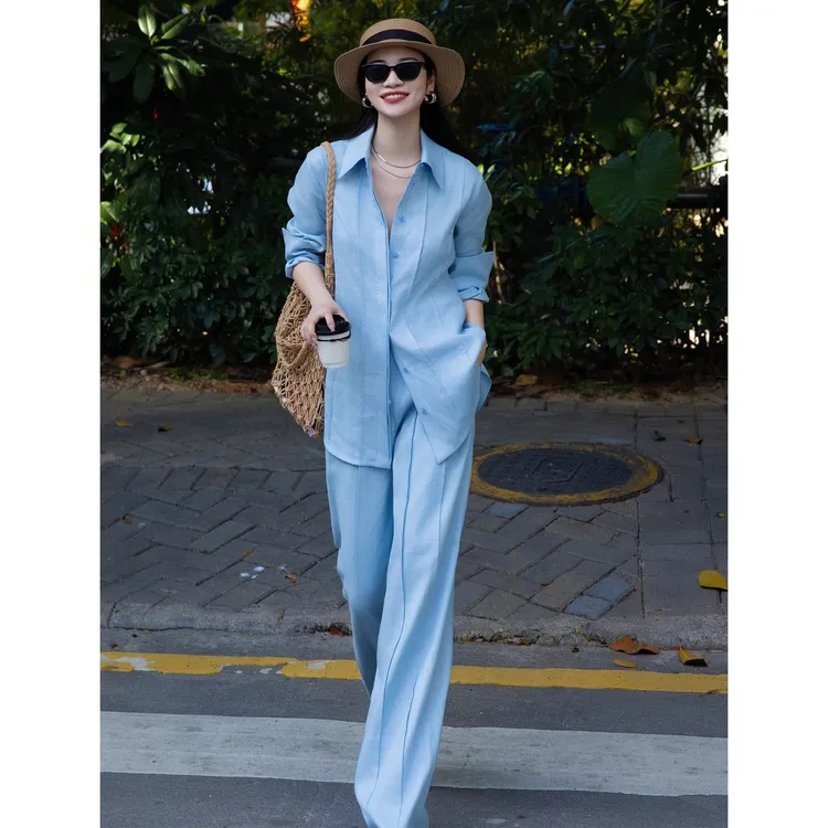 高端春季老钱风时尚亚麻套装御姐气质松弛感衬衫阔腿裤休闲两件套
