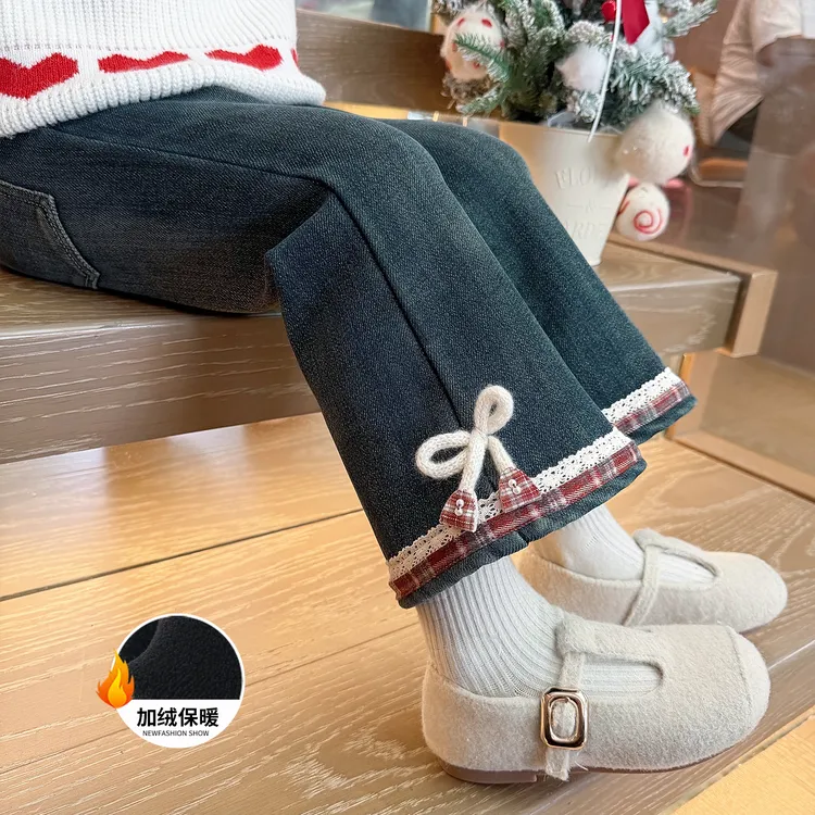 女童加绒裤子秋冬装儿童加厚喇叭裤2025新款宝宝一体绒休闲牛仔裤
