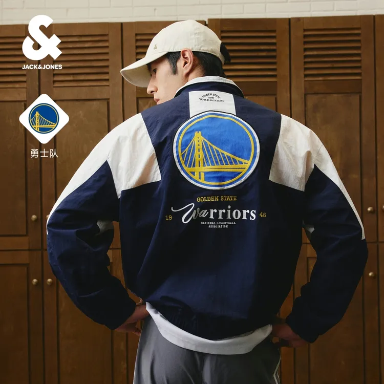 【NBA联名勇士队】杰克琼斯秋季男装夹克宽松立领时尚撞色潮外套