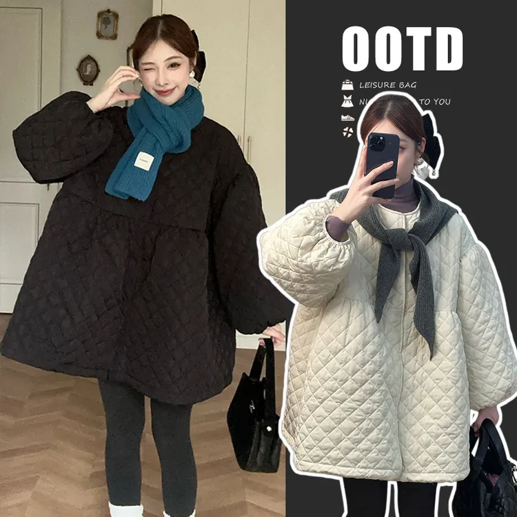 韩系2025冬季款孕妇装保暖舒适外穿日常穿搭设计感单排扣菱格棉服