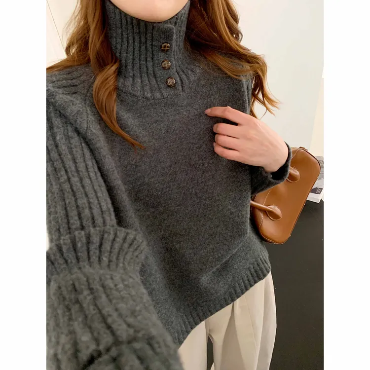 H3441【540g正版加厚三粒扣】秋冬新款宽松高领长袖针织衫女毛衣