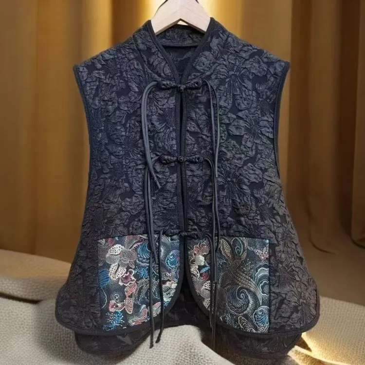 中式国风盘扣提花马甲女刺绣拼接显瘦洋气马夹外套背心坎肩