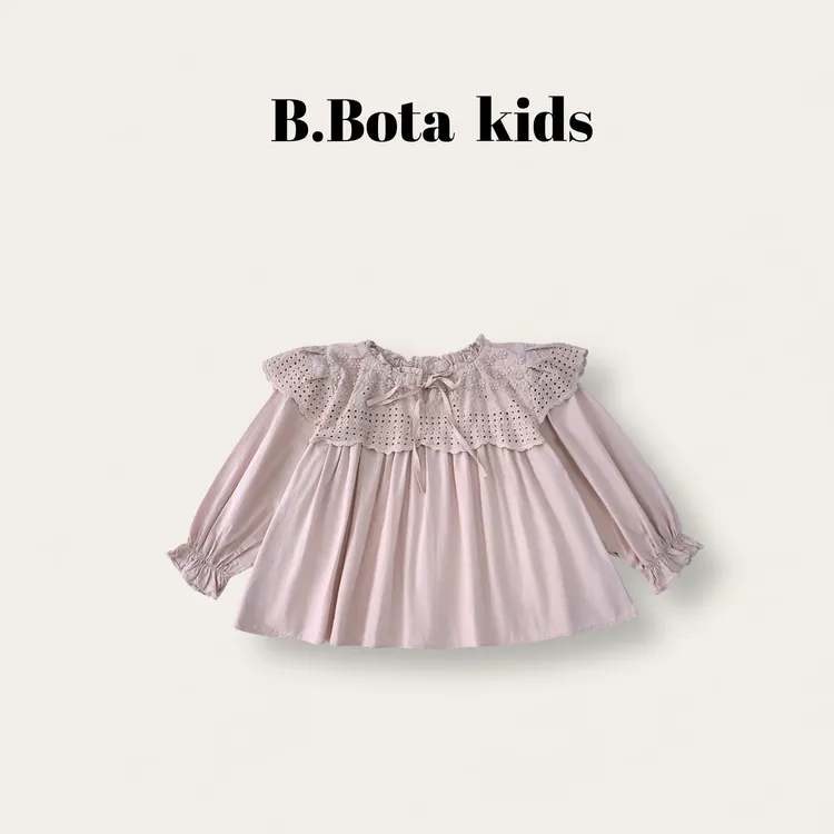 【姐姐家】2025秋款儿童萌娃穿搭重工蕾丝翻领娃娃衫-1591