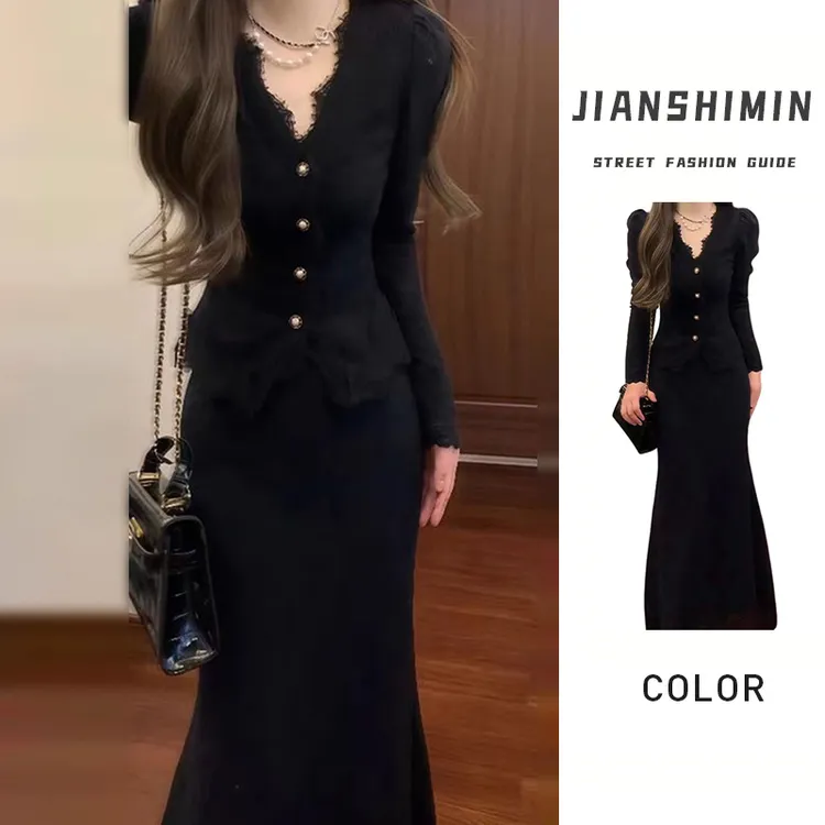 黑色蕾丝针织连衣裙子网红洋气炸街女秋装高级感鱼尾包臀长裙套装