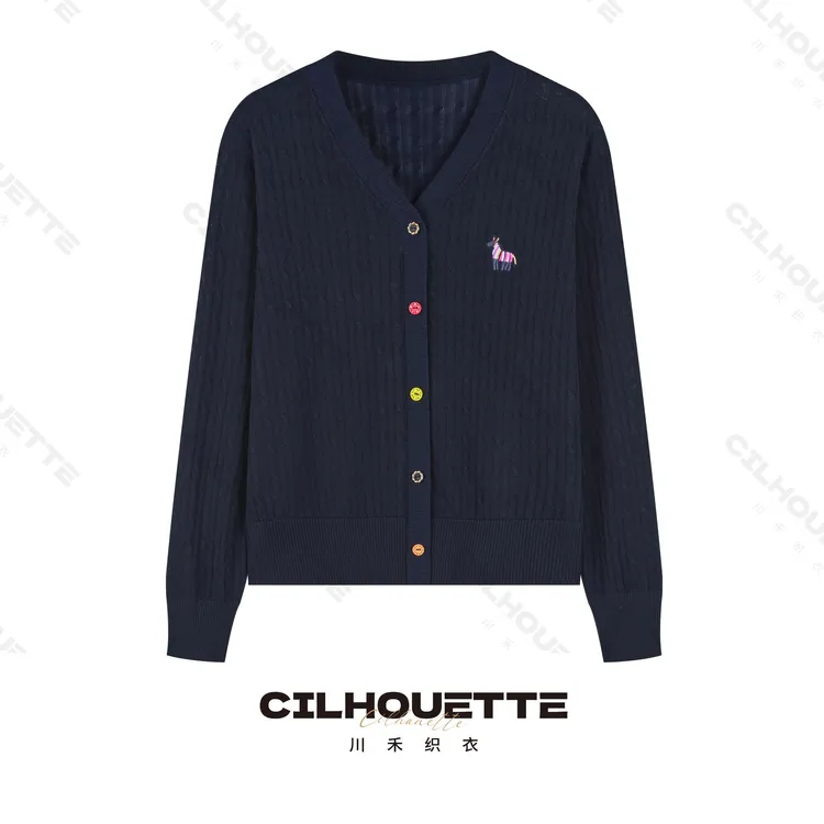 川禾织衣 早秋刺绣小马彩虹钉扣V领100纯兰精天丝高端长袖针织衫