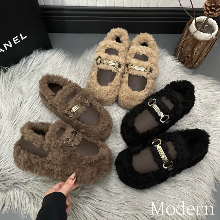 6.5厚底金属扣精致加绒加厚女外穿2025秋冬新轻奢风百搭毛毛棉鞋