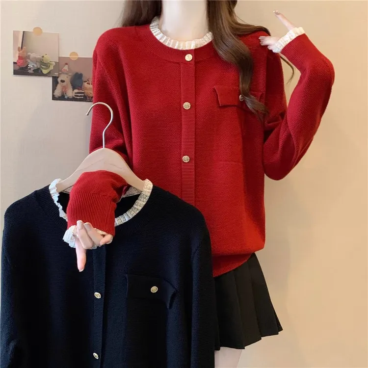 大码胖mm蕾丝拼接毛衣女秋冬减龄小香风打底衫毛衣花边针织衫上衣