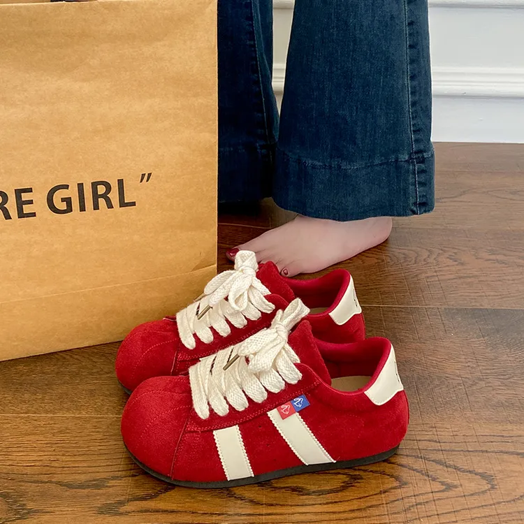 真皮贝壳头板鞋女内增高大头丑萌鞋2025年秋季新款系带复古德训鞋