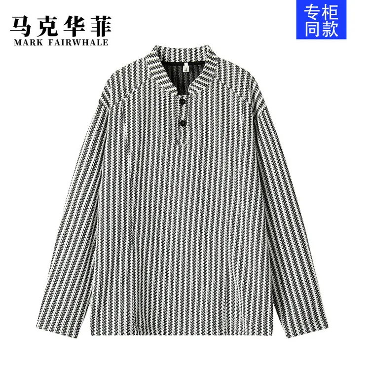 马克华菲新款百搭男女同款韩版秋季设计感鱼骨纹亨利领长袖T恤男