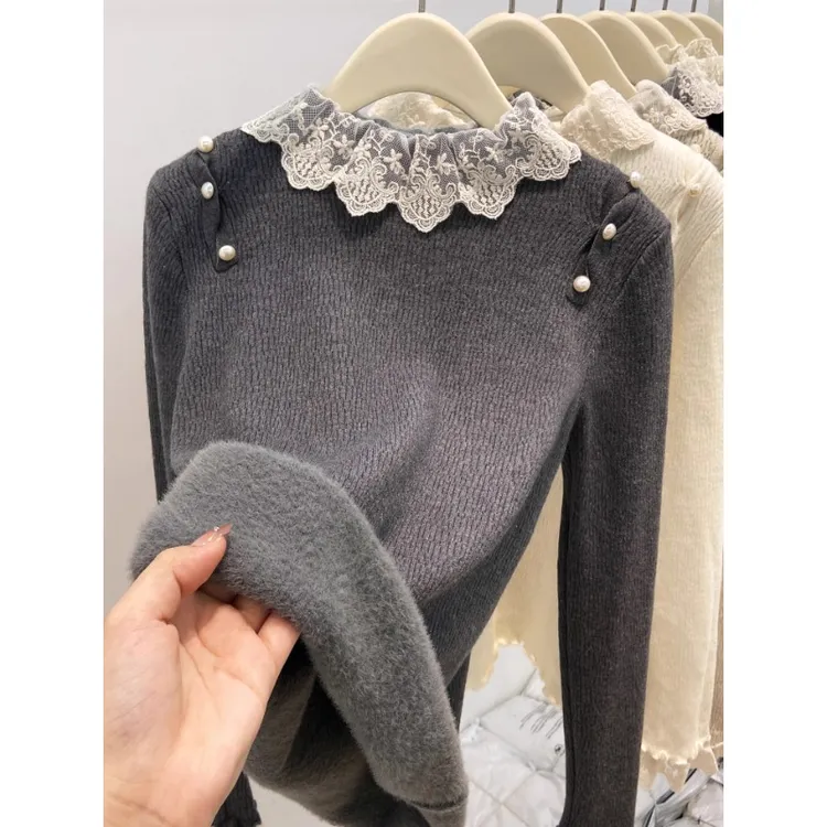 法式钉珠蕾丝拼接半高领长袖针织衫女加绒加厚秋冬内搭打底衫上衣