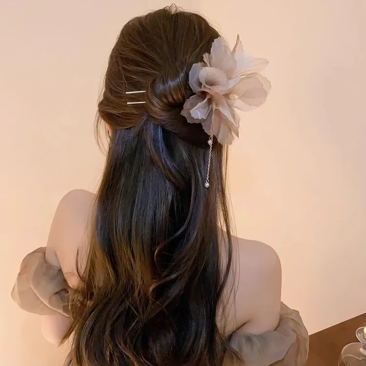 仙气欧根纱仿珍珠流苏u型发簪女2025新款高端新中式盘发簪子发钗