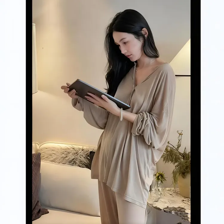 2025新款睡衣女春秋薄款高级感莫代尔棉慵懒松弛感T恤家居服套装