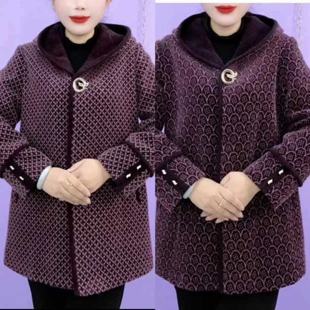 秋冬新款时尚洋气中老年妈妈宽松显瘦连帽中长款外套