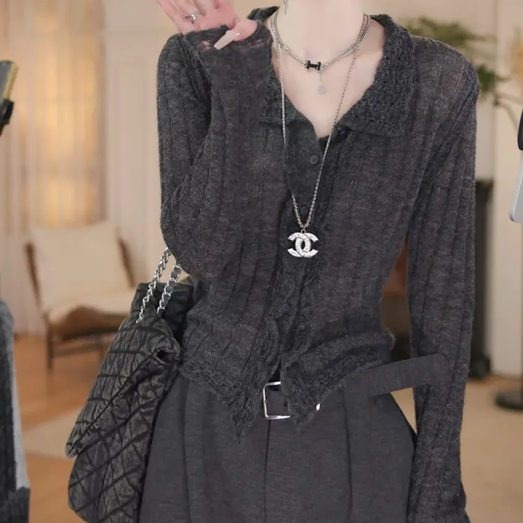 2025新款慵懒翻领镂空长袖坑条针织衫上衣女士百搭开衫LK2506718