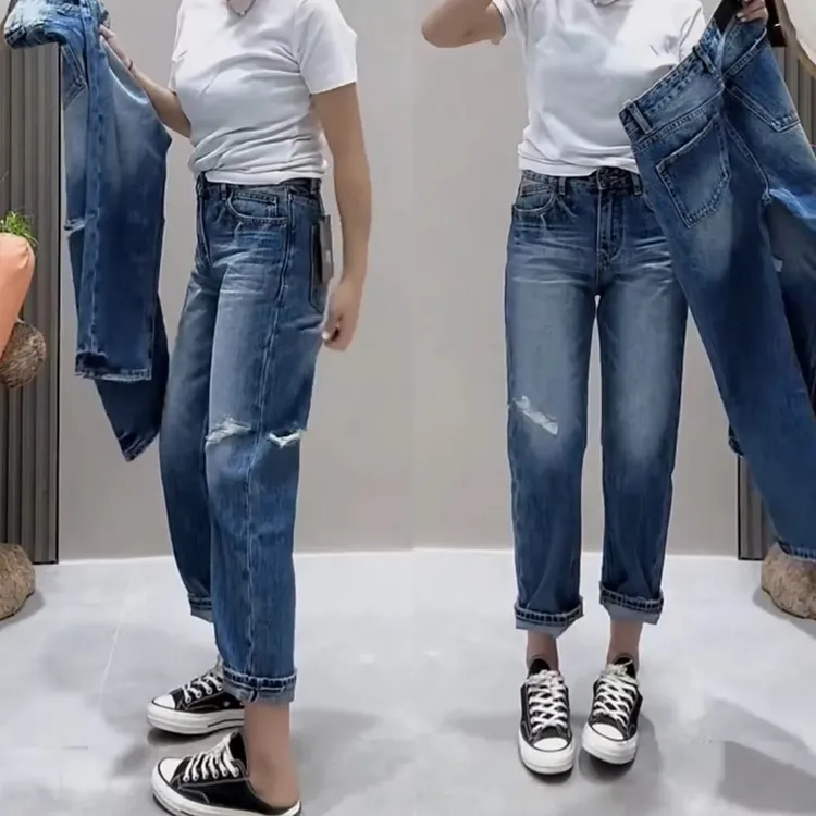 宽松显瘦夏季薄款高腰大码牛仔裤女磨破九分裤水洗休闲风直筒裤子