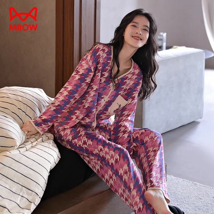 猫人睡衣女春秋季纯棉长袖开衫V领带胸垫秋冬时尚网红家居服24009