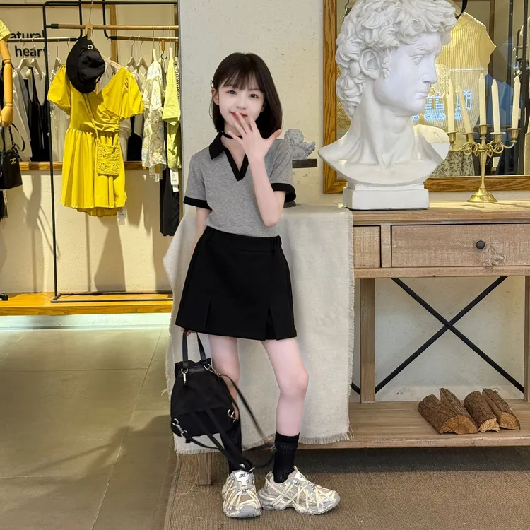 女童时尚洋气套装2025新款夏装韩版POLO上衣短裤休闲套装撞色