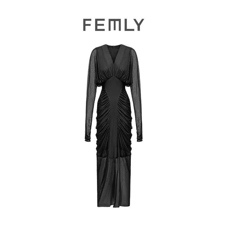 FEMLY/法曼丽 夏季新款法式赫本风薄纱气质褶皱连衣裙3152