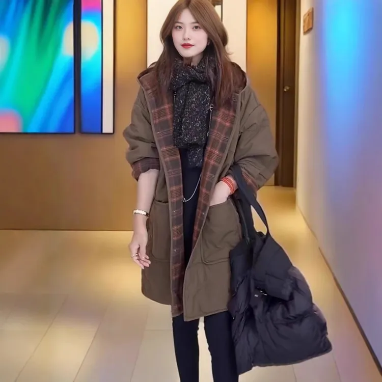 撞色中长款风衣棉外套女2024秋冬新品夹棉气质复古连帽棉服保暖