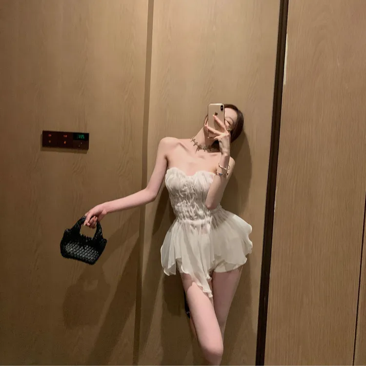人鱼琉璃'手工抽褶蕾丝不规则荷叶边抹胸女纯欲显瘦露肩上衣