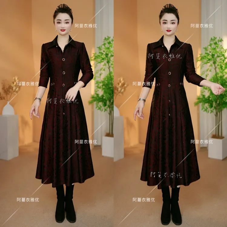 【衣雅严选】8124-2331#原版蕾丝复合罗马锦棉加厚翻领长袖连衣裙