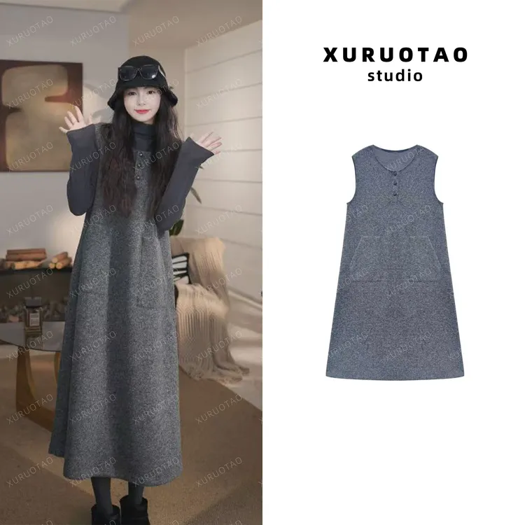 XURUOTAO【伦敦街头】绵羊毛针织设计时髦显瘦花灰色连衣裙 T5747