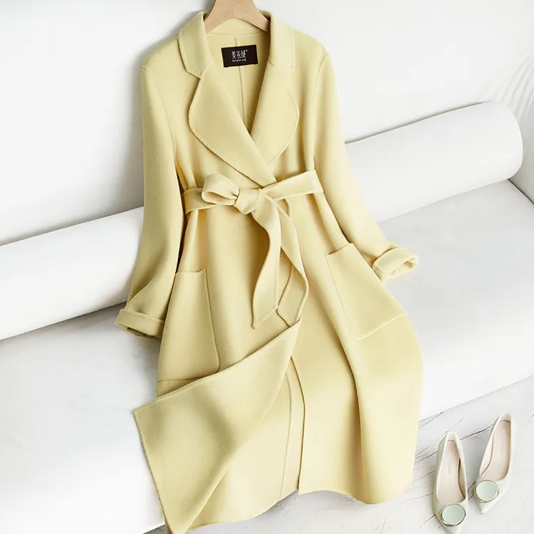 鹅黄色双面羊毛大衣女长款过膝修身收腰2025年爆款新款羊毛呢外套