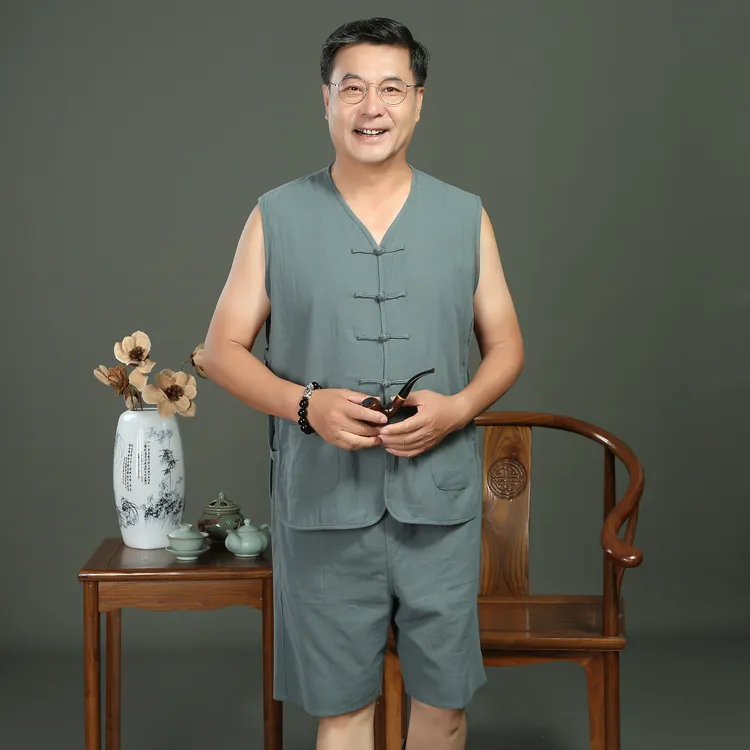 夏季中老年薄款马甲新中式马褂复古中国风汗衫无袖镂空背心爸爸装