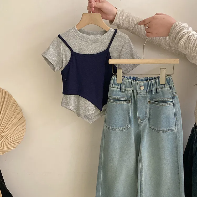 Z-MZL016女童夏季新款纯色吊带短袖春季新款设计感阔腿牛仔裤套装