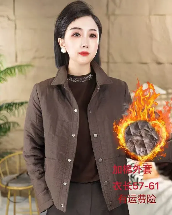 新款刺绣提花格轻薄款外套薄棉厚棉时尚衬衫领女显瘦棉衣气质外套