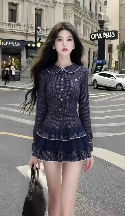 秋季时尚新款轻奢气质藏青色格子翻领单排扣长袖修身显瘦连衣裙女