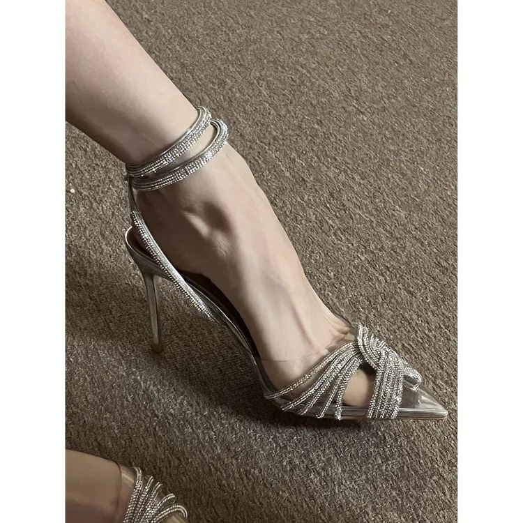 UHCK透明交叉绑带高跟鞋2025新款尖头水钻细跟凉鞋仙女风名媛女鞋