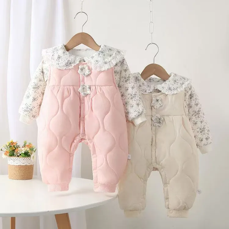 婴幼儿秋冬女宝碎花棉婴儿上衣宽肩背带连体套装宝宝连体衣