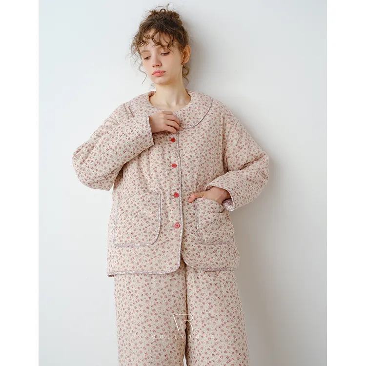 碎花影·纯棉微甜粉夹棉娃娃领家居服少女秋冬保暖睡衣清新可外穿