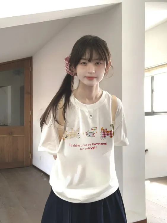 纯棉新款百搭白色短袖t恤女甜妹宽松圆领上衣ins夏季重磅半袖上衣