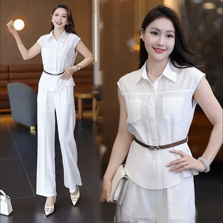 时尚套装女士2025夏季新款薄款显瘦洋气减龄衬衣阔腿裤休闲两件套