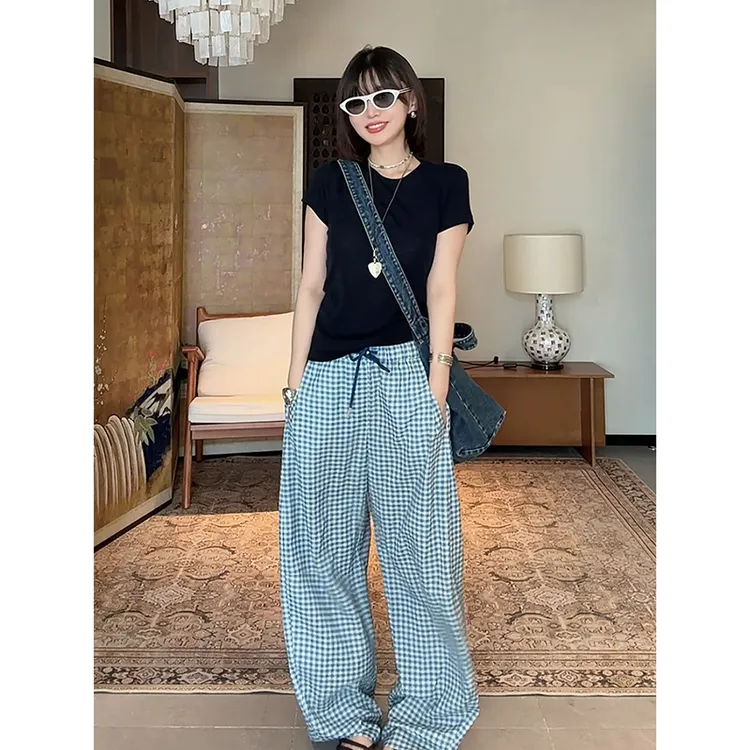 【蓝海琉璃】清爽格纹百搭舒适显瘦阔腿裤休闲裤女
