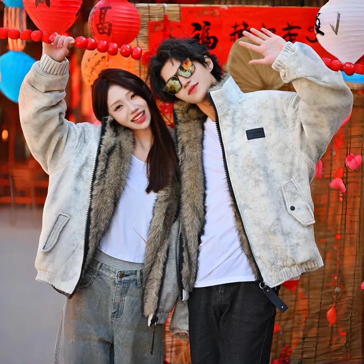 男女同款美式脏染座山雕毛领连帽棉服外套女宽松保暖情侣上衣潮