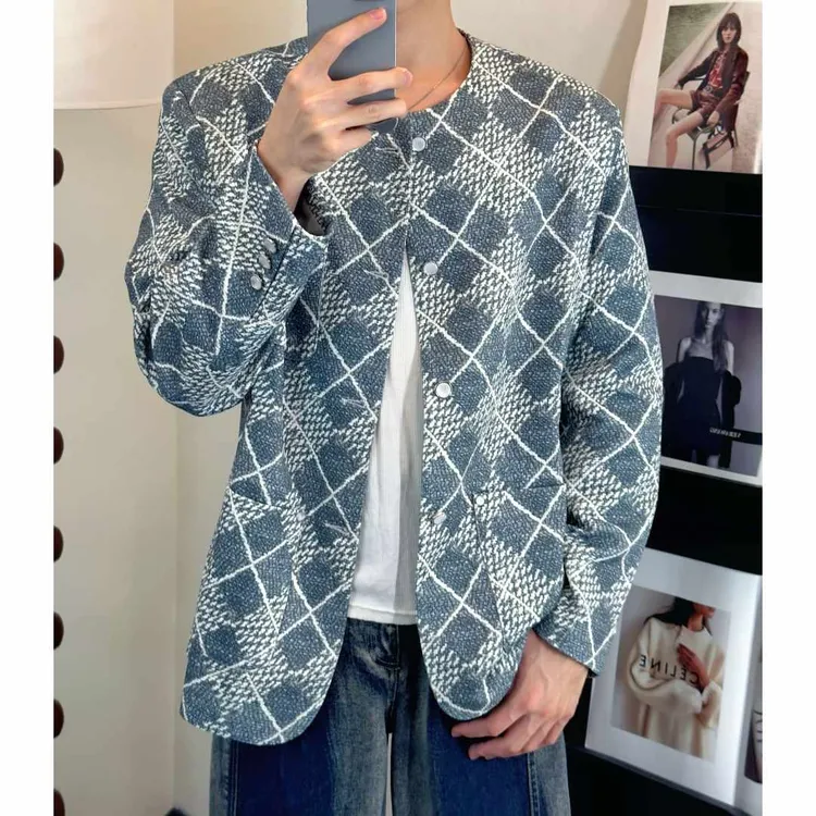 吧啦新款撞色夹克衫无领小香风