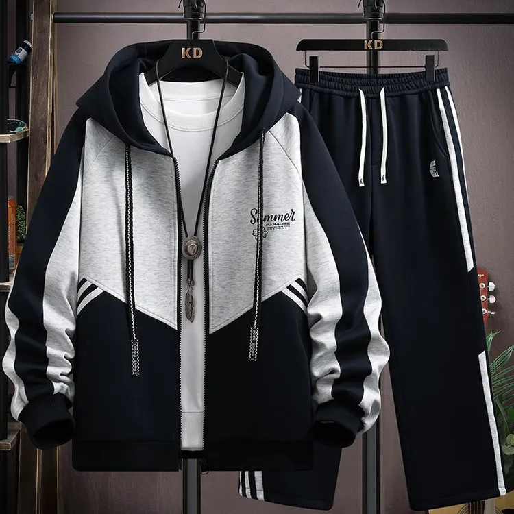 秋季潮牌休闲连帽夹克套装潮流搭配拼接撞色帅气外套直筒裤两件套